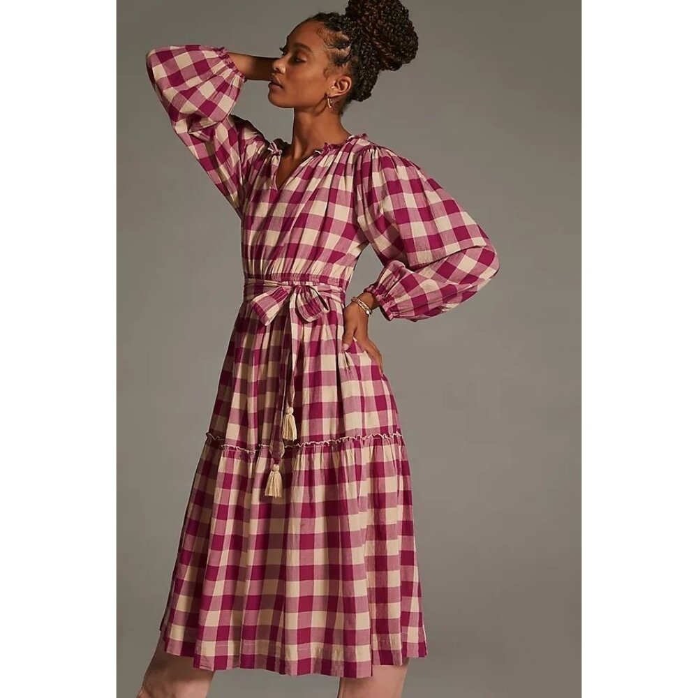 Mille Saffron Gingham Dress Magenta Pink Plaid Cotton Midi Boho Tiered XS j2